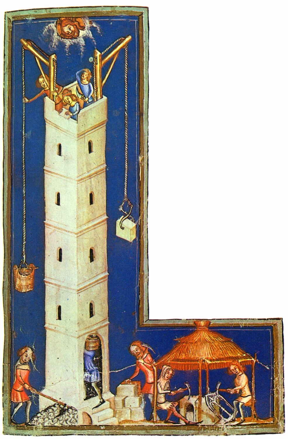 The building of the Tower of Babel, initial from a medieval world chronicle